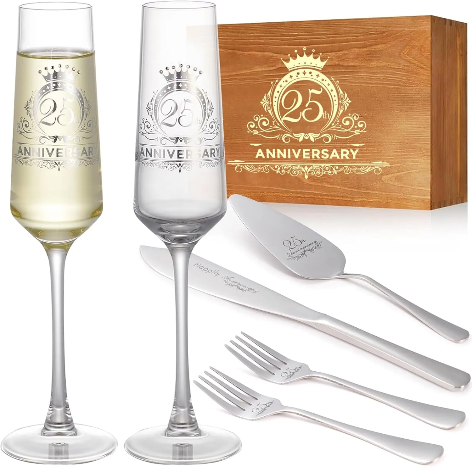 

25th Anniversary Champagne Flutes, Silver Cake Set for Couples, Wedding & Anniversary Gifts