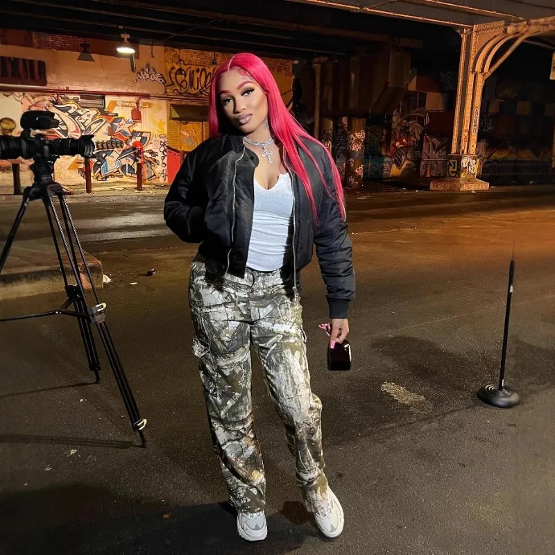 

Camouflage Printed Women Cargo Pants High Waist Zipper Fly Pants 2024 Autumn Winter New Popular Streetwear Workout Outfits Capri