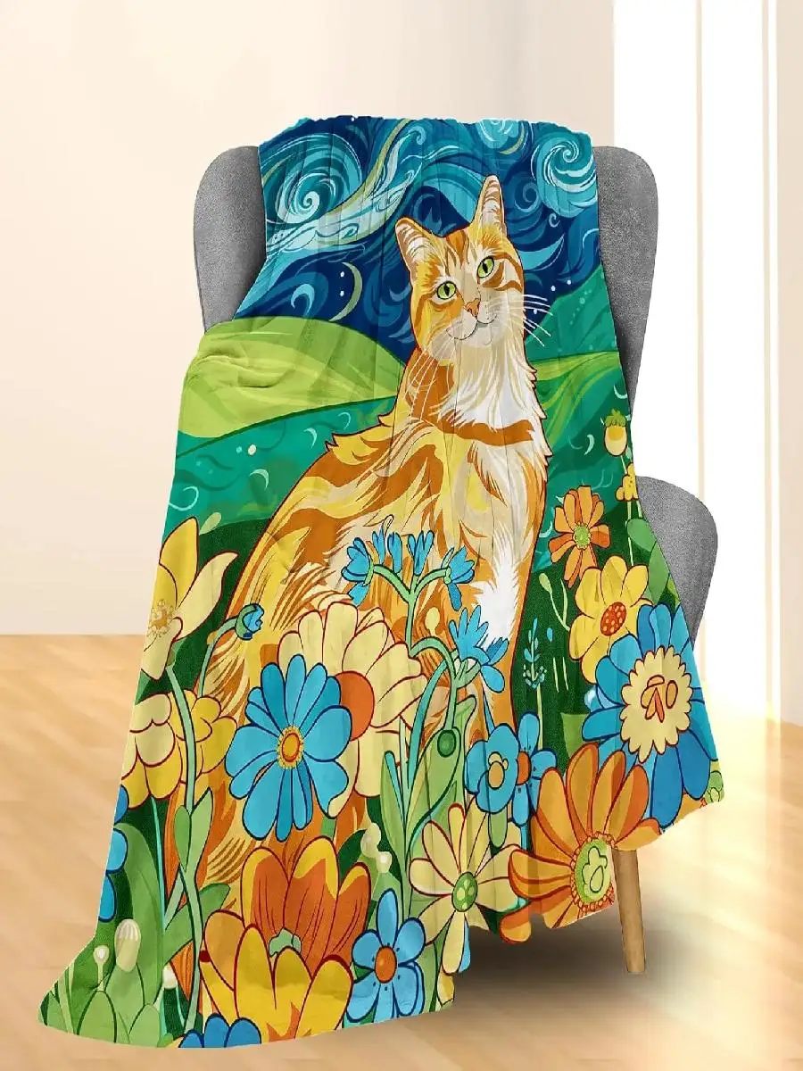 Cat  Flowers Flannel Throw Blanket Soft Cozy Lightweight Animal Blankets Ideal for Couch Bed Travel Outdoor  Home Decor view 2
