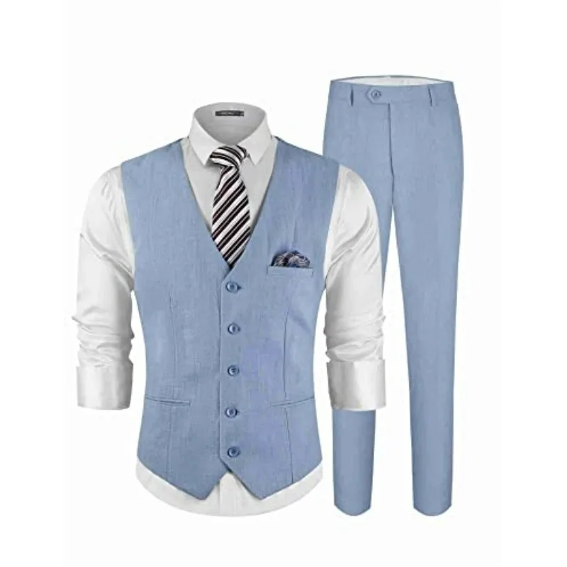 

Men's Linen Vest And Pants 2 Piece Suit Slim Business Casual Solid Fit Wedding Grooms Work Set With Pocket Square Vest Pants