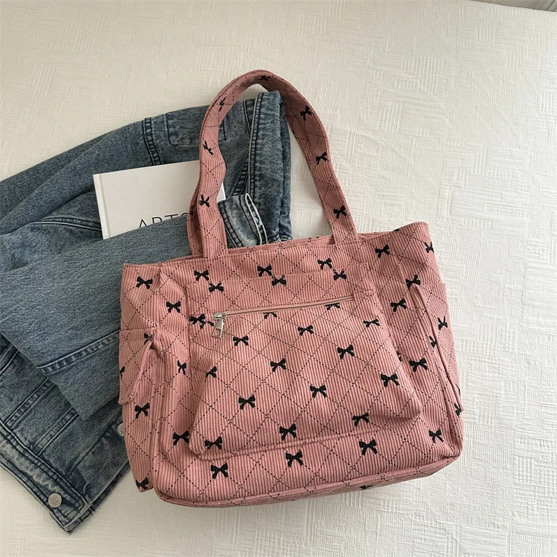 Large Capacity Corduroy Casual Tote Bags For Ladies, Casual Bow Pattern Commuting Handbags Women\'s For Shopping