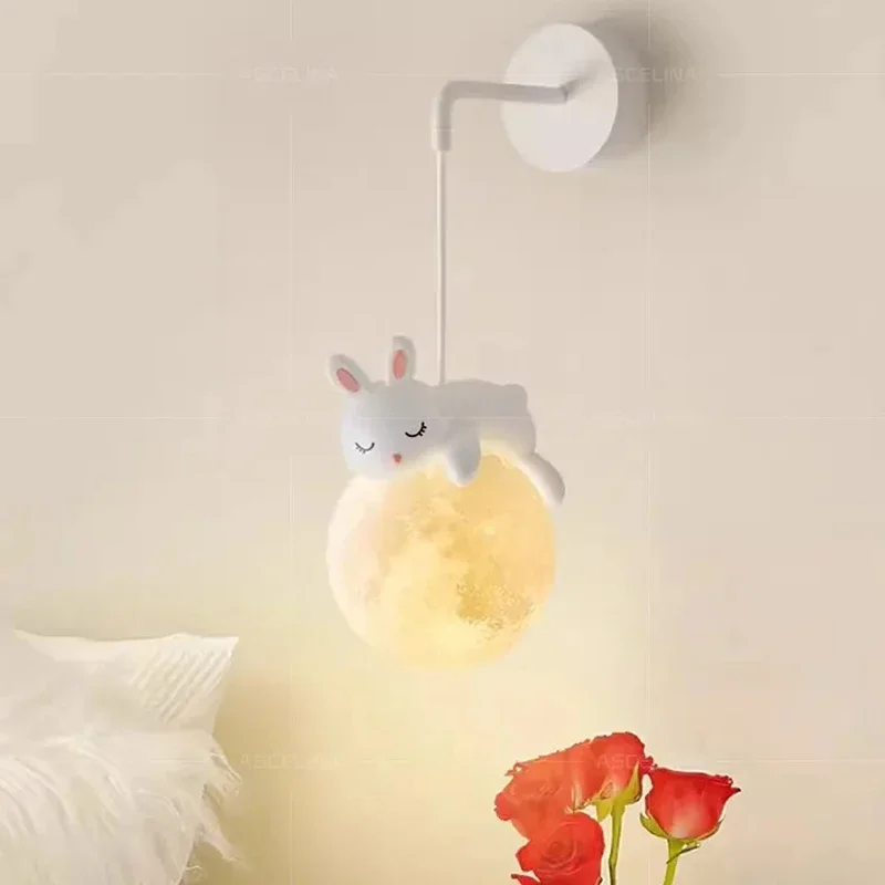 Cute Rabbit Wall Lamp Moon Astronaut Lights for Bedroom Children's Room Resin Sconce Indoor Decorative Atmosphere LED Lighting