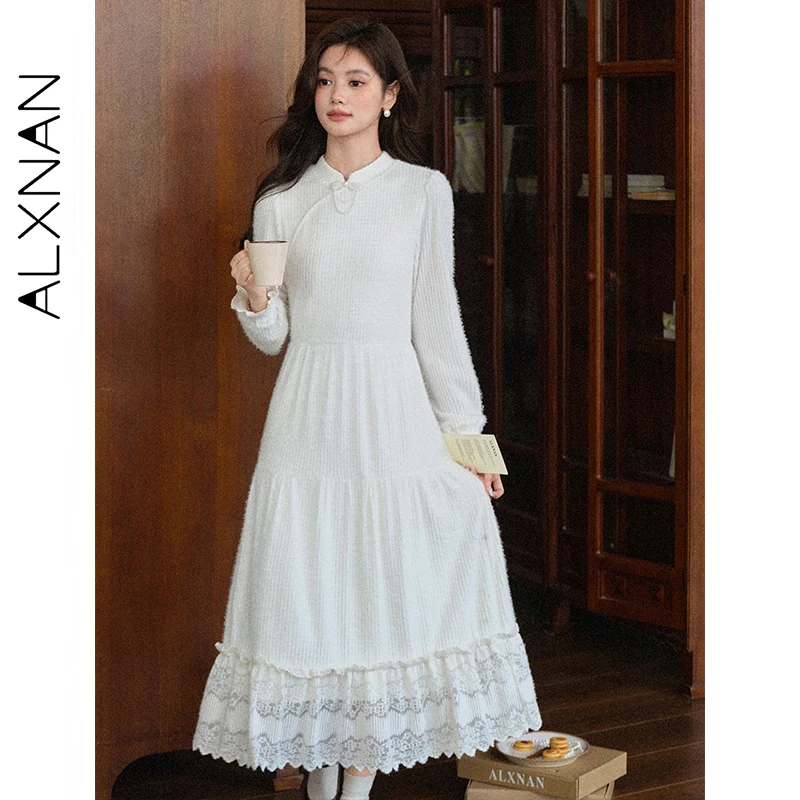 ALXNAN Lange Kleider, gestrickter Stoff, lange Ärmel, ausgehöhlte Spitze, Spleißen, weiche Eleganz, vielseitige Herbst-A-Linien-Kleider L57927