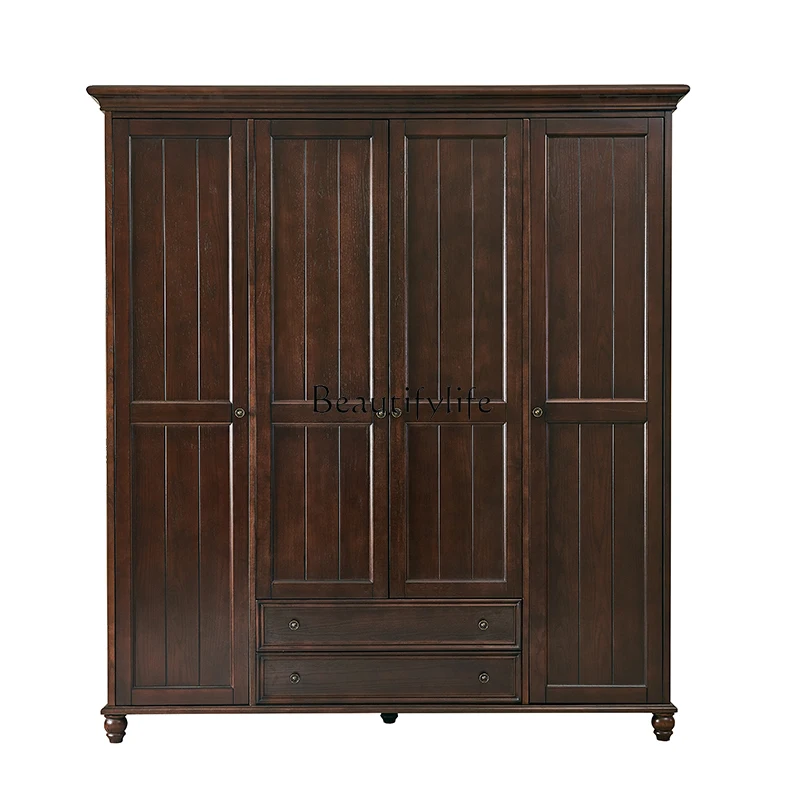 

Solid Wood American Style Three-Door Floor-to-Ceiling Wardrobe for Home Bedroom Storage Furniture Four-Door Swing Door Wardrobe