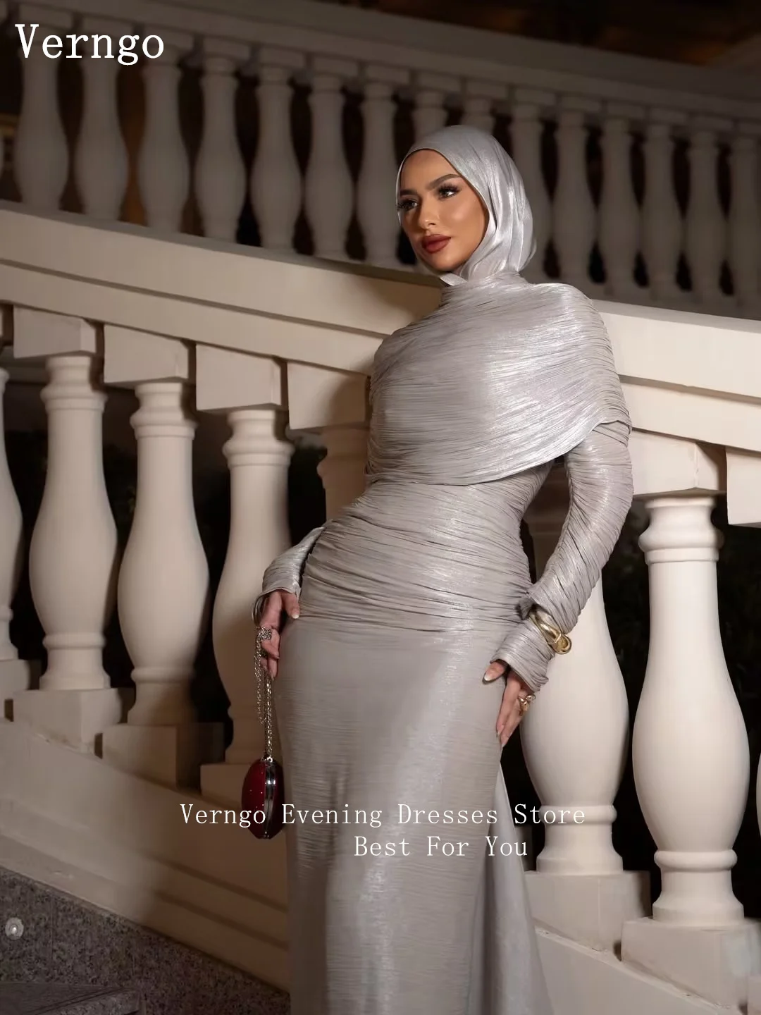 Verngo Gray Shiny Satin Evening Dress High Neck Full Sleeves Mermaid Prom Gown Pleated marmarhalim Dress Customized