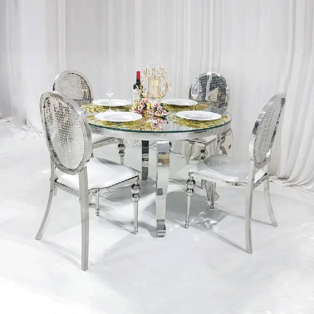 

Cheap modern round table set 4 Seater Mirror Glass Top Stainless steel Silver Dining Table