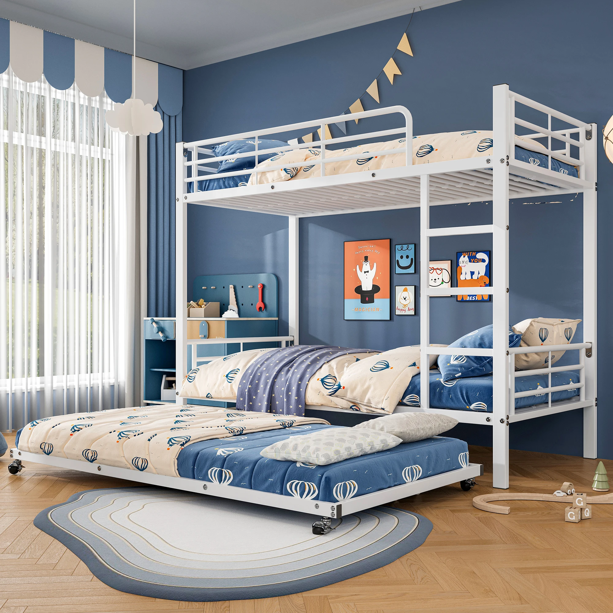 Camas literas de hierro de 90x200cm y 90x190cm para niños y adolescentes con camas extraíbles y cuatro barras laterales superiores.