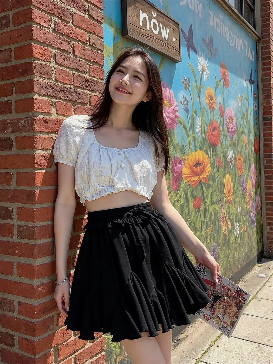 مطوي البسيطة أسود أبيض التنانير النسائية شبكة بالون الطبقات كشكش هيم مرونة الخصر الفني كلية فروي ليلة الباستيل Ins