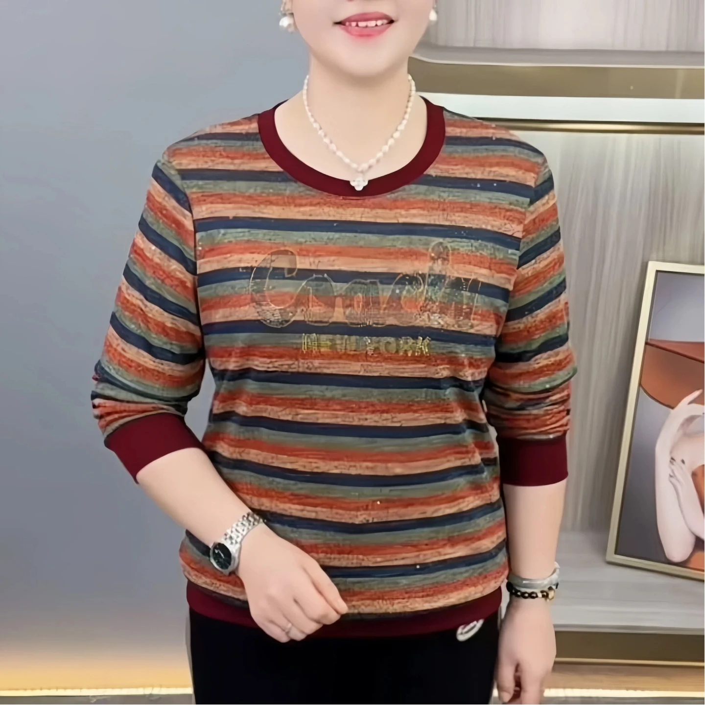 Spring Autumn Women's round Neck Striped Thin Loose Fit Long Sleeve T-Shirt Base Shirt Top Casual Comfortable Breathable Poly...