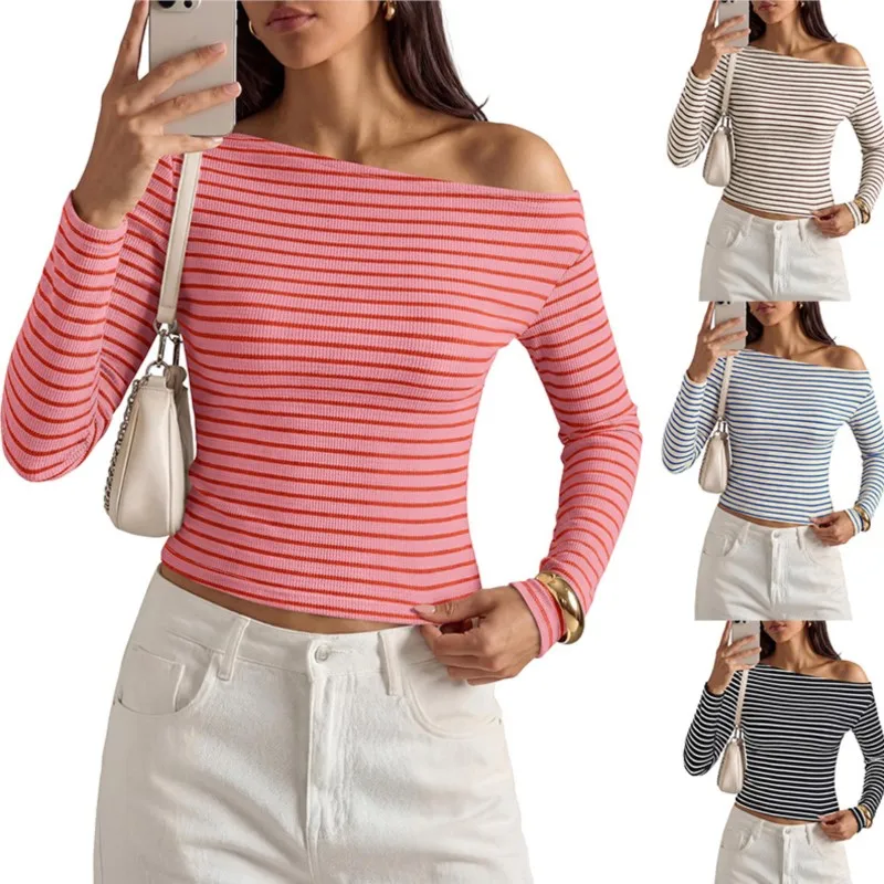 Women's Fashion T-Shirt Casual Striped Diagonal Collar Top Long Sleeve Striped T-Shirt Strapless Korean Streetwear Women Bodycon