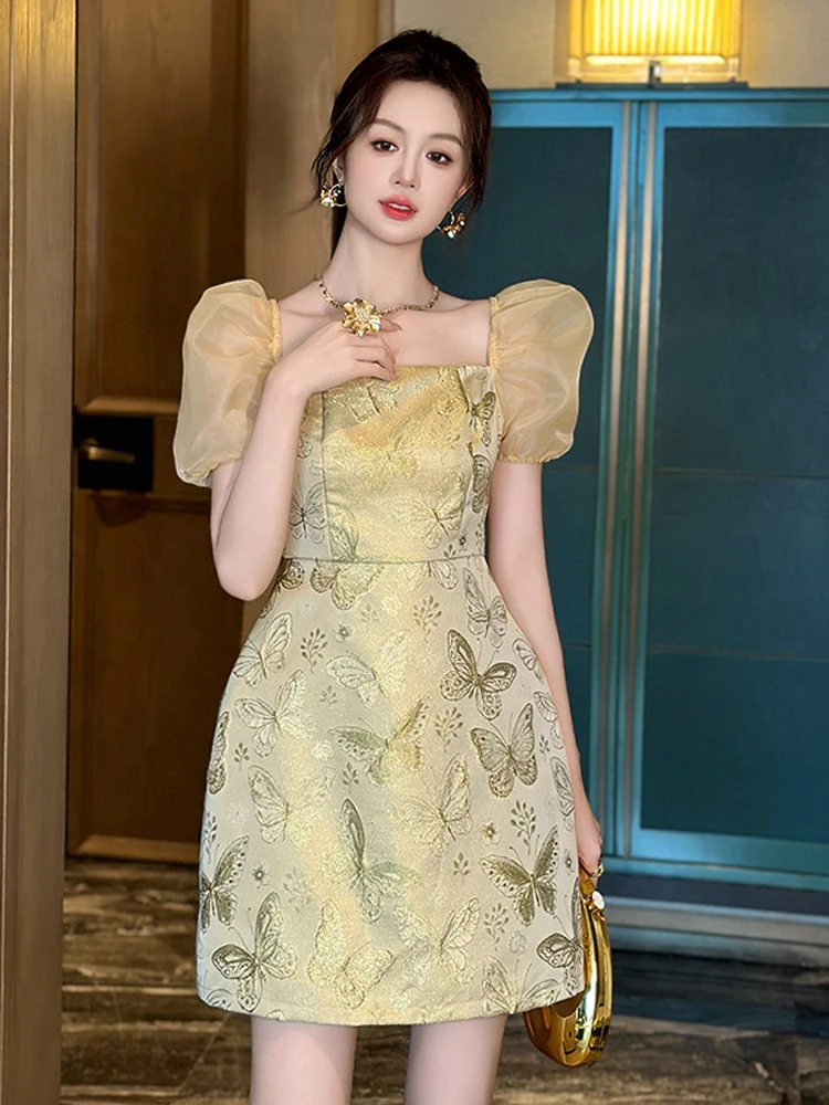 New Summer Sparkly Gold Butterfly Print Gown Evening Dress Women Clothes Elegant Puff Sleeve Slim Short Party Club Prom Vestidos