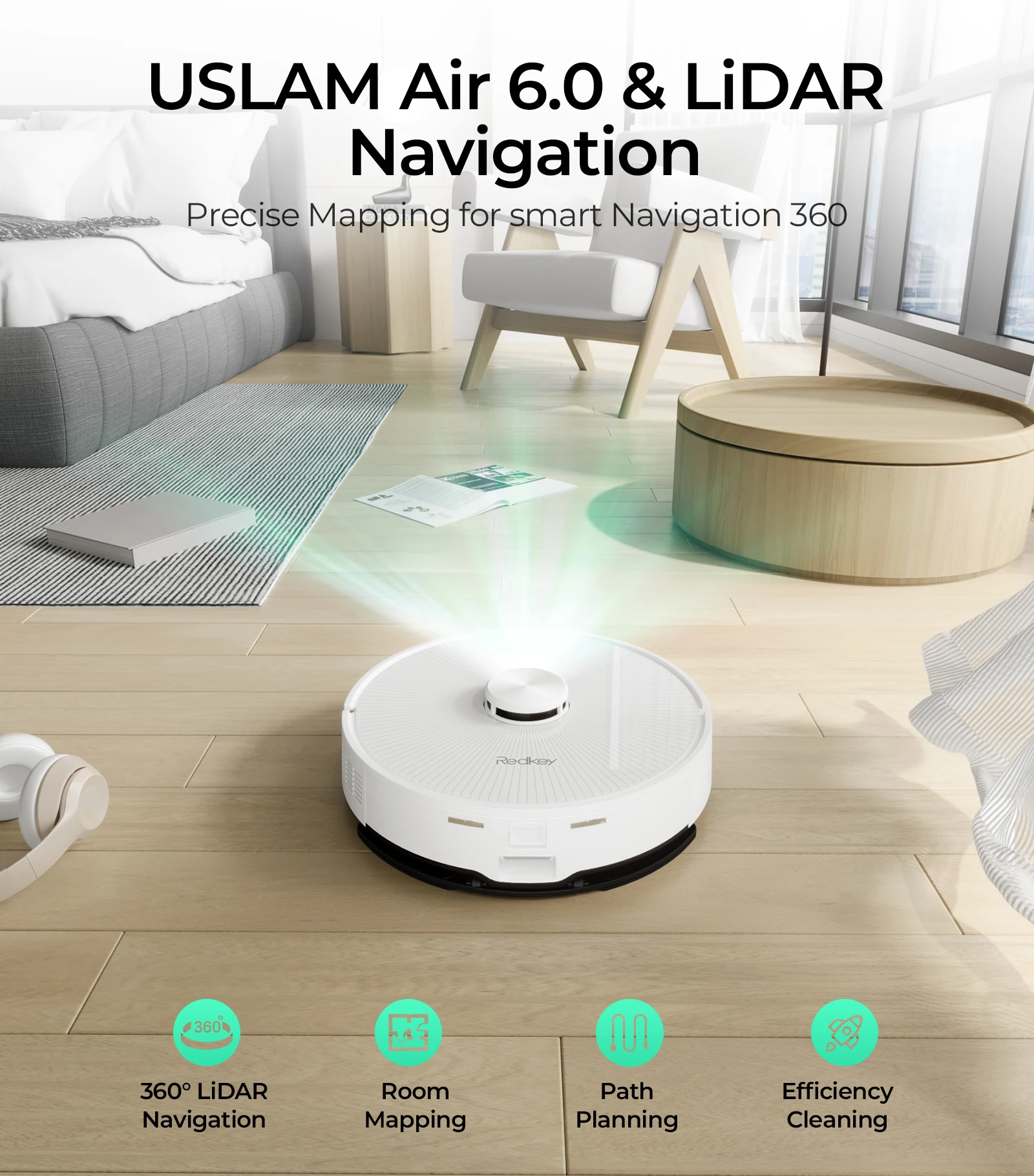Roboter-Staubsauger Redkey R10, LiDAR-Navigation, APP-Steuerung, 4000PA Saugkraft, Smart Home Wischfunktion, Boden- und Teppichreinigungswerkzeug (1000W) – Detail 4