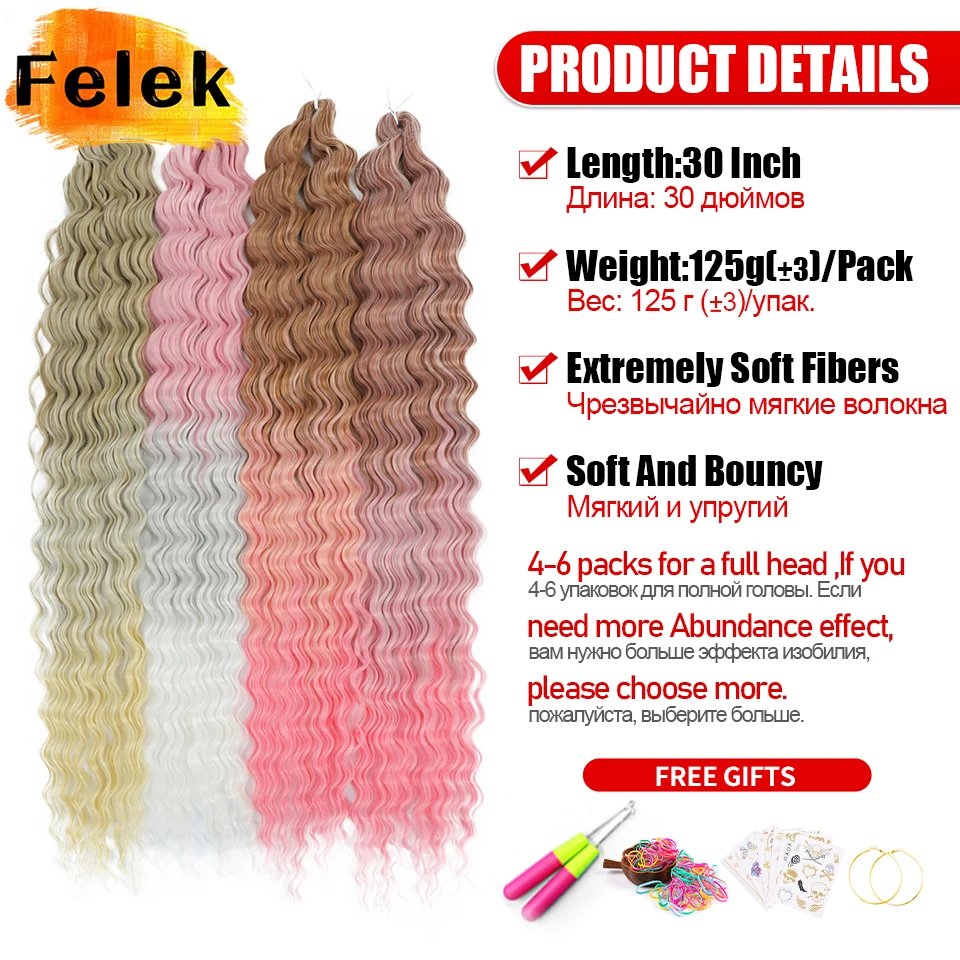 Deep Wave Twist Crochet ผมโครเชต์ Braid Ombre Braiding Hair Extensions สังเคราะห์ Afro Curls สําหรับผู้หญิงอุณหภูมิต่ํา FELEK