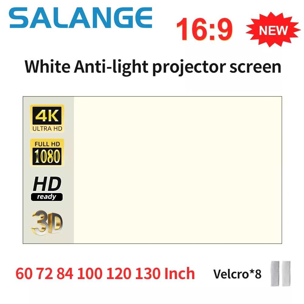 Salange Projector Screen White Grid Anti-Light 16:9 Projection Screen For Home 72 84 100 120 130 Inch Portable Reflective Cloth