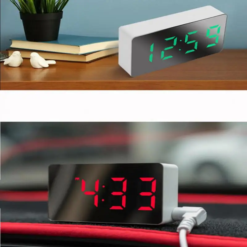 1Pc White LED Mirror Table Clock Snooze Display Time Night Light Desktop USB Alarm Clock Home Decor Gifts for Children