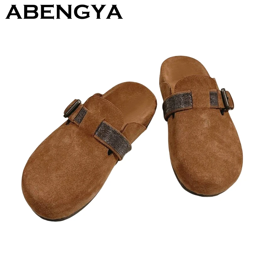

2025 Summer Thick Sole Flat Half Slippers For Women Suede Leather Round Wrap Toe Platform Mules Ladies Casual Beach Shoes Mujer