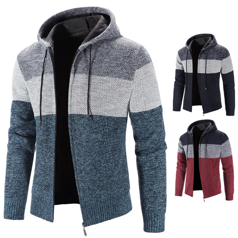 Men's Hooded Cardigan Patchwork Color Autumn Leisure And Comfortable Blocking Hooded Warm Zipper Style Sweater Size 3XL