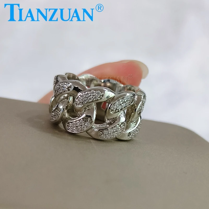 12.5mm Cuban Link Rings Hip Hop 925 Sterling Silver Wedding Party Jewelry Two Row Moissanite Fashion Ring For Men Women