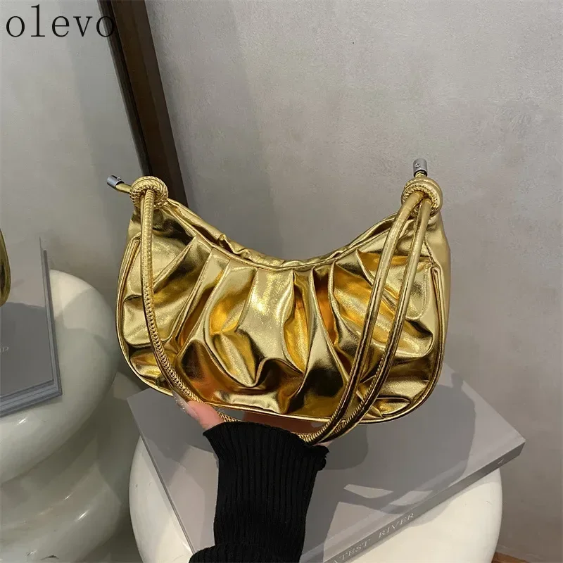 Women's Spice Girl Style Pleated PU Leather Bag Trendy Large Capacity Armpit Crossbody Shoulder Handbag