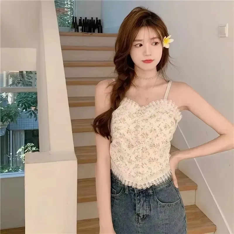 

Lace Flower Print Cami Crop Tank Tops Summer Camisole Women's Tube Top Elegant Slim Short Tanks Vest Sexy Y2k Pearl