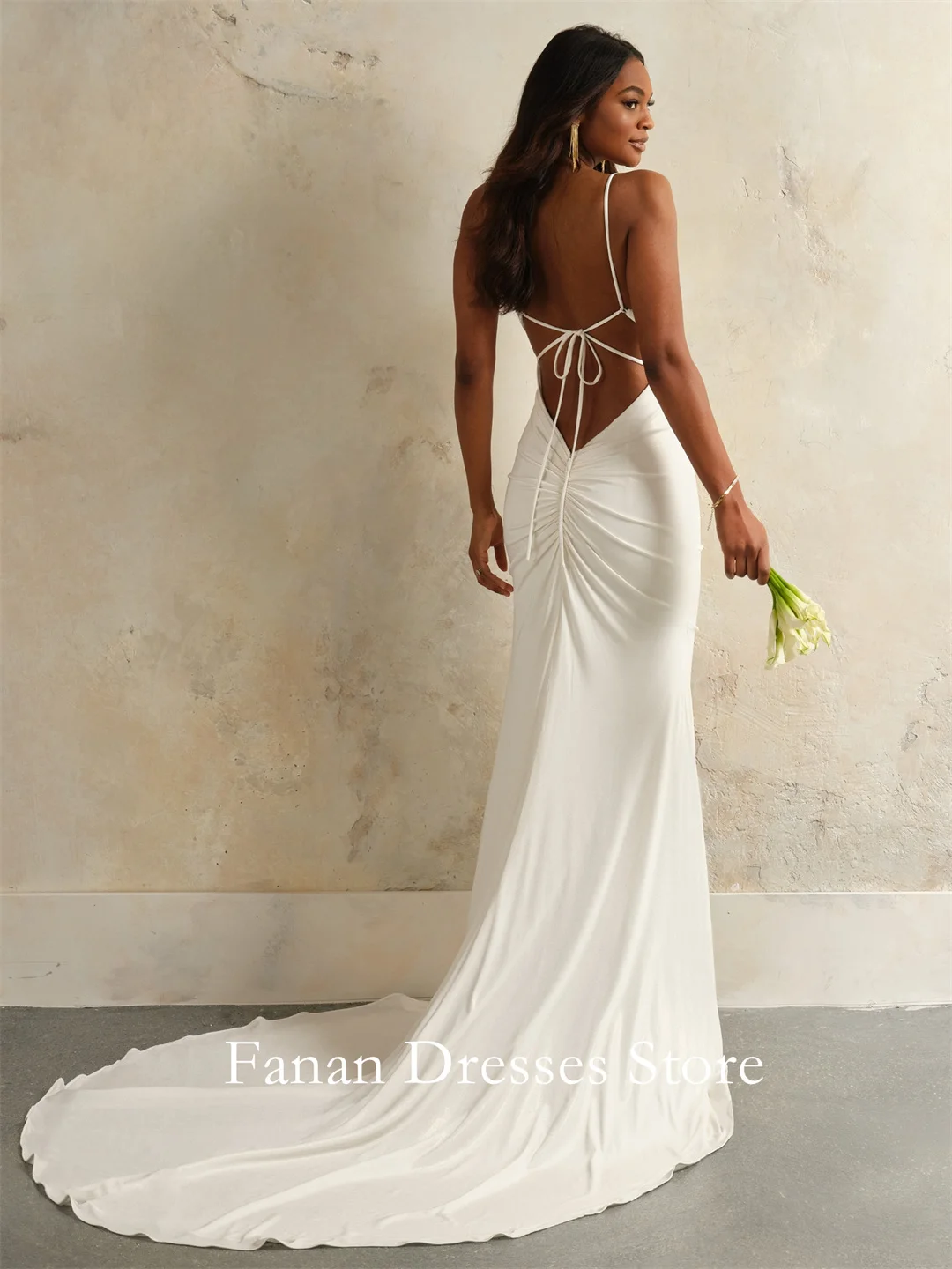 Fanan Spaghetti Straps Criss-Cross Ivory Wedding Dress Beach Customized Satin Sweep Train  Bridal Party Gown Vestidos De Novia
