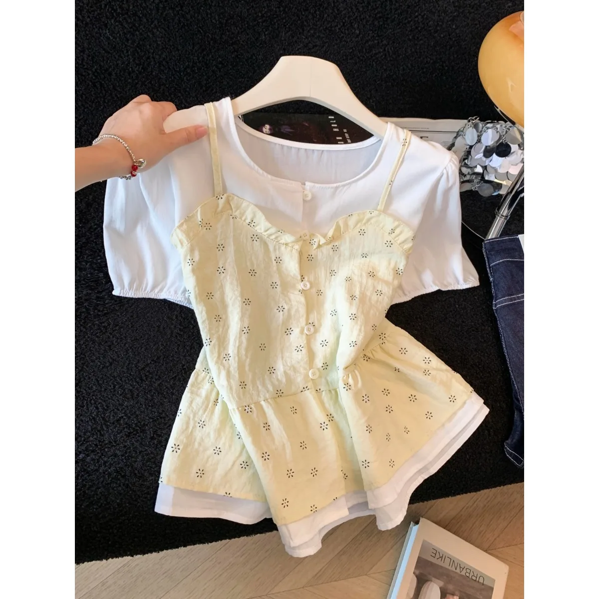 

Sweet Goose Yellow Floral Contrast Color Short Sleeve Shirt Women's Slim Fit Summer Korean Design Sense Top City Walk Casual ...