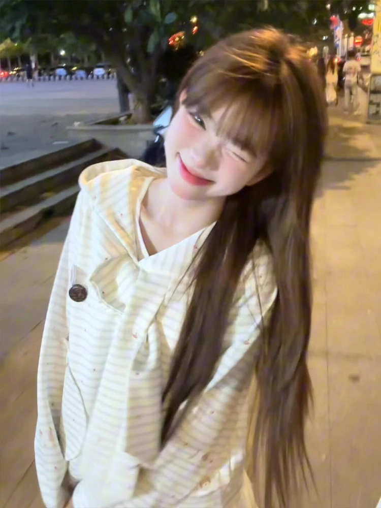 سترة نسائية كورية حلوة بنمط مخطط على شكل كلب، فضفاضة للربيع والخريف، بأكمام طويلة، جاكيت نسائي فضفاض بقلنسوة