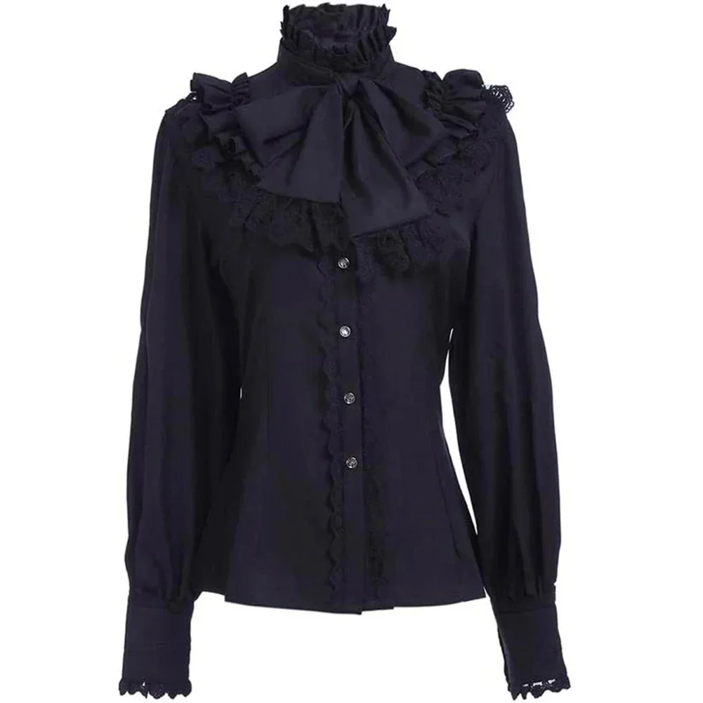 Victorian Women's Ruched Lace Shirts And Blouses Gothic Lolita Vintage Long Sleeve Lotus Ruffle Solid Black White Tops Shirt