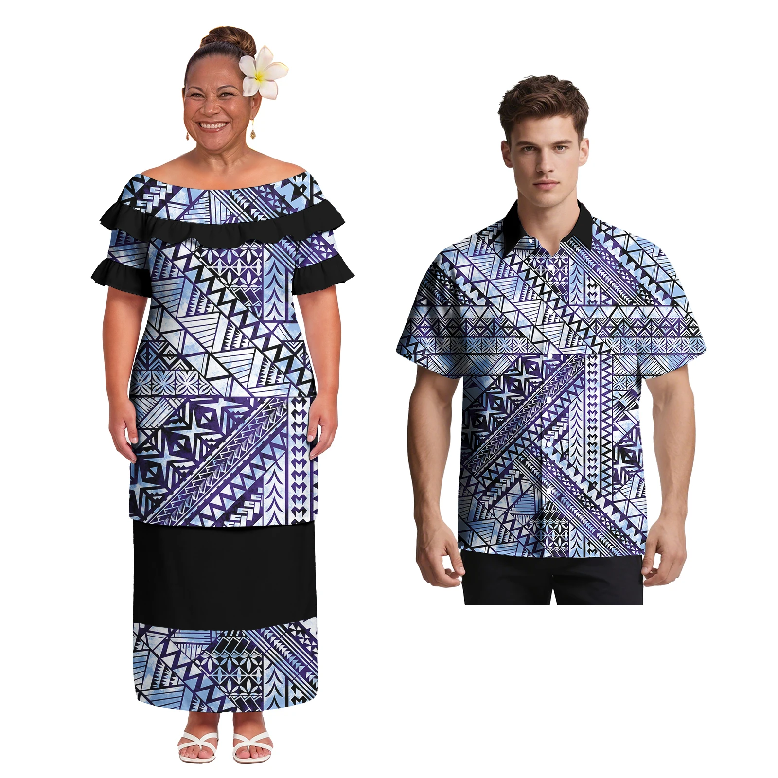 Factory Price Couple Clothes Custom Casual Men Polynesian Style Shirts Elegant Ladies Samoan Puletasi Sweet Couple Match Outfits