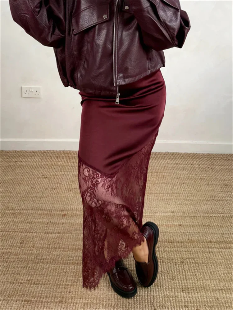 Summer Lace Patchwork Long Skirt Women's Printed High Waist Slim See-Through Commute Clothes Female Sexy Maxi Skirt