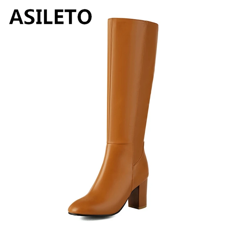 ASILETO 2024 New Classic Knee Boots Round Toe 8CM Block Heels Zipper Faux Leather Plus Size 42 43 44 45 46 47 48 US17 Fashion