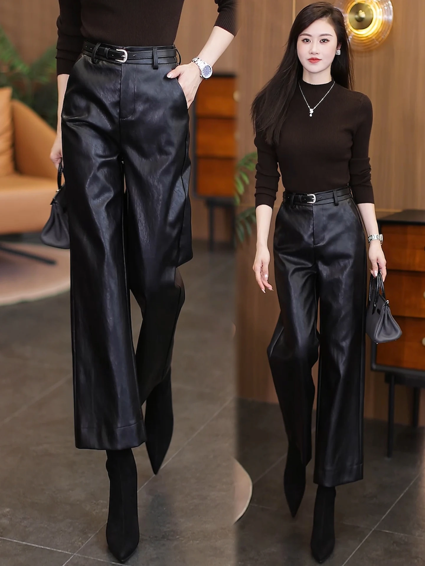 

Женские брюки из искусственной кожи с высокой талией, широкие, прямого кроя, повседневные, осенне-зимние, новая модная модель, компактный размер