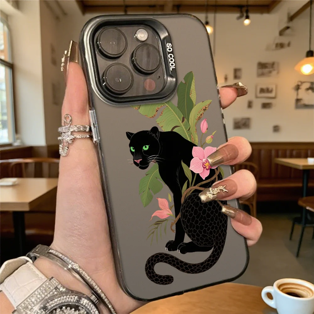 Жесткий чехол для телефона с черной пантерой и розовыми листьями для Iphone 16, 15, 14, 13, 12, 11 Pro Max Mini, противоударный защитный чехол от царапин