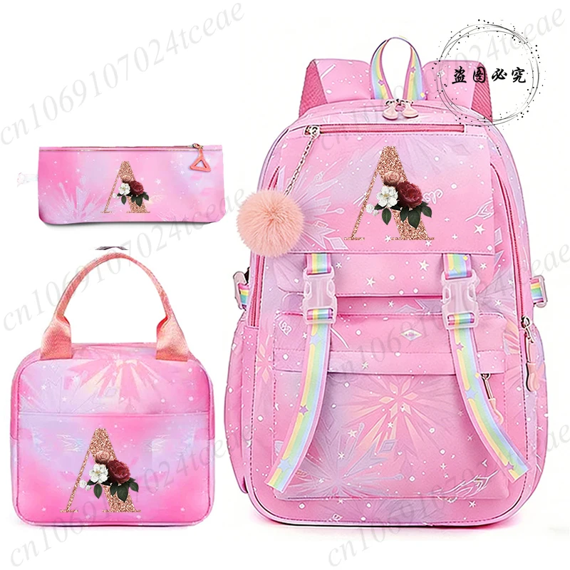 

Travel Backpacks Schoolbag Teenage Rose Gold Letter A~Z Floral Watercolor Schoolbag Bagpacks Pencil Case Lunch Bag School Gift