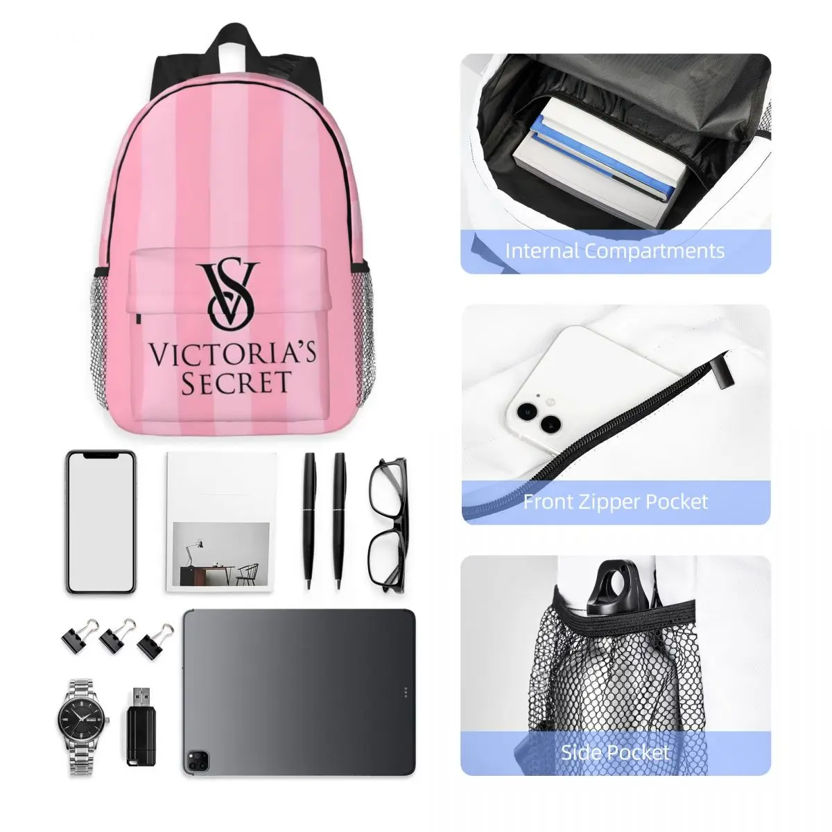 Pink-Victoria-S-Love-Secret New Fashion High Capacity Waterproof College Backpack Trendy Laptop Travel Book Bag 15inch