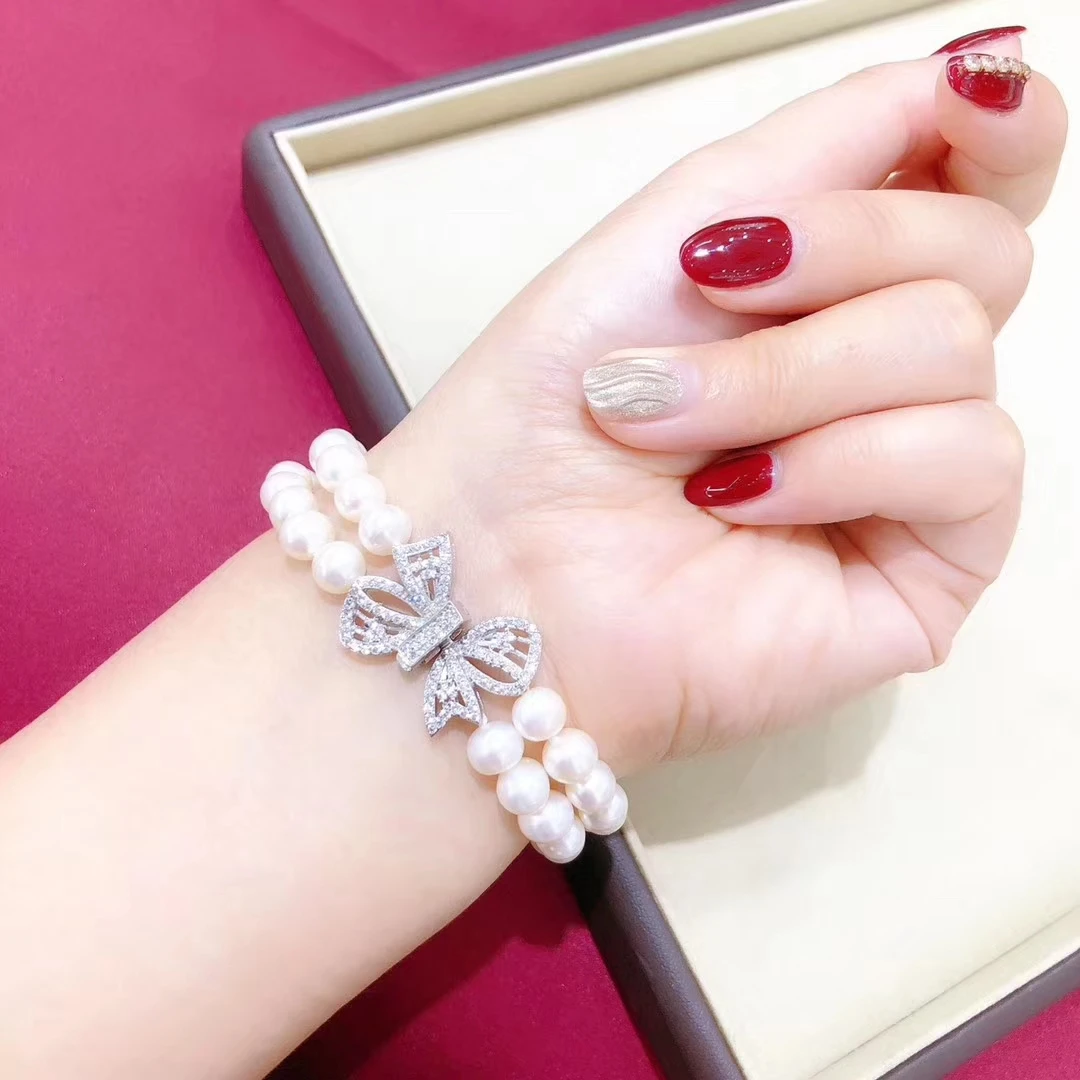 2-Row Brand New Pearl Bracelet AAAA 7-8mm Natural Japanese Akoya Round White Pearl Bracelet 925s 7.5-8inch