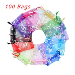 100PCS Luxury Butterfly Printed Organza Bags Drawable Jewelry Pouch Gift Packaging Candy Bag For Wedding Party