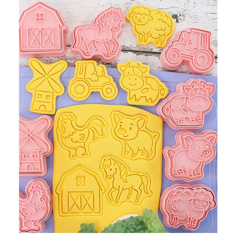 8PCS Farm Animal Biscuit Mold Windmill Cute Cow Pig Horse Chicken Sheep Cookie Cutting Mold Sugar Flipping Baking Tools