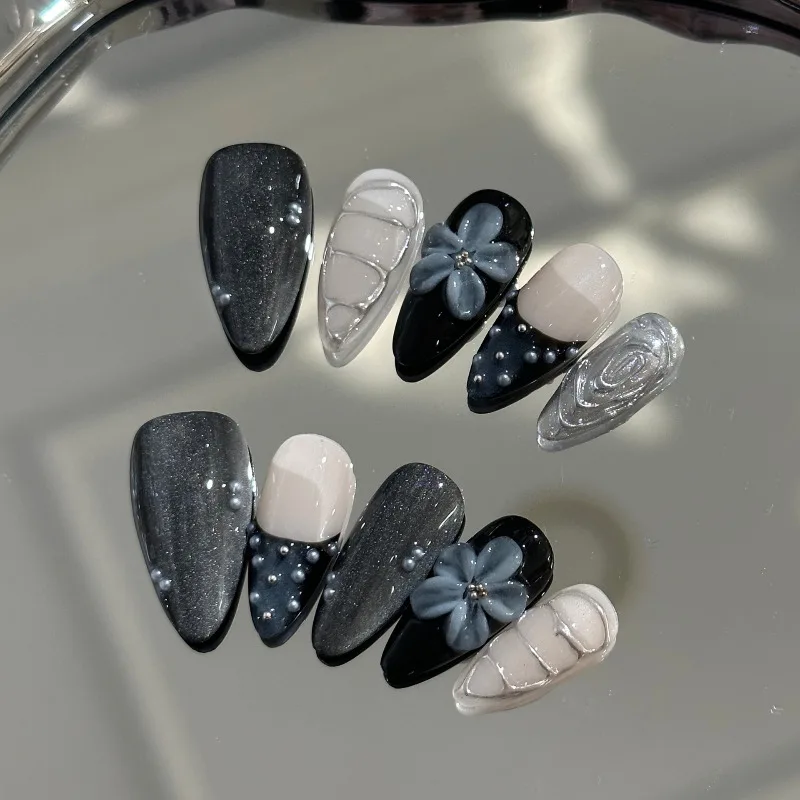 24Pcs False Nails 3D Carved Heavy-Duty Cat Eye Blue French Silver Pearl Almond-Shaped Press-On Nail Tips Perfect Gift for Girls
