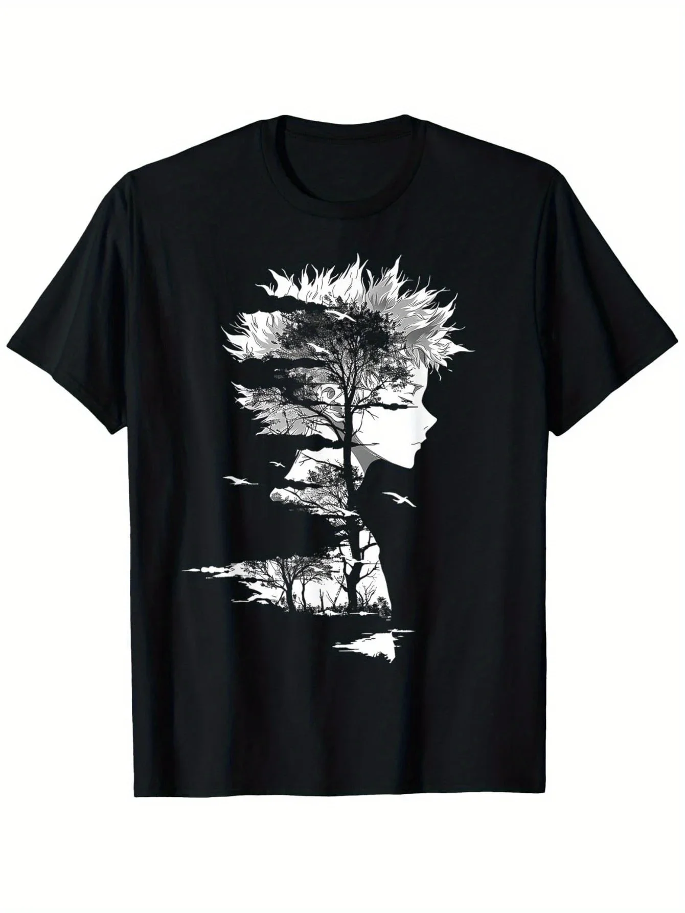 

Anime Profile Double Exposure Tree Graphic Tee Breathable Cotton Unisex Short Sleeve T-Shirt