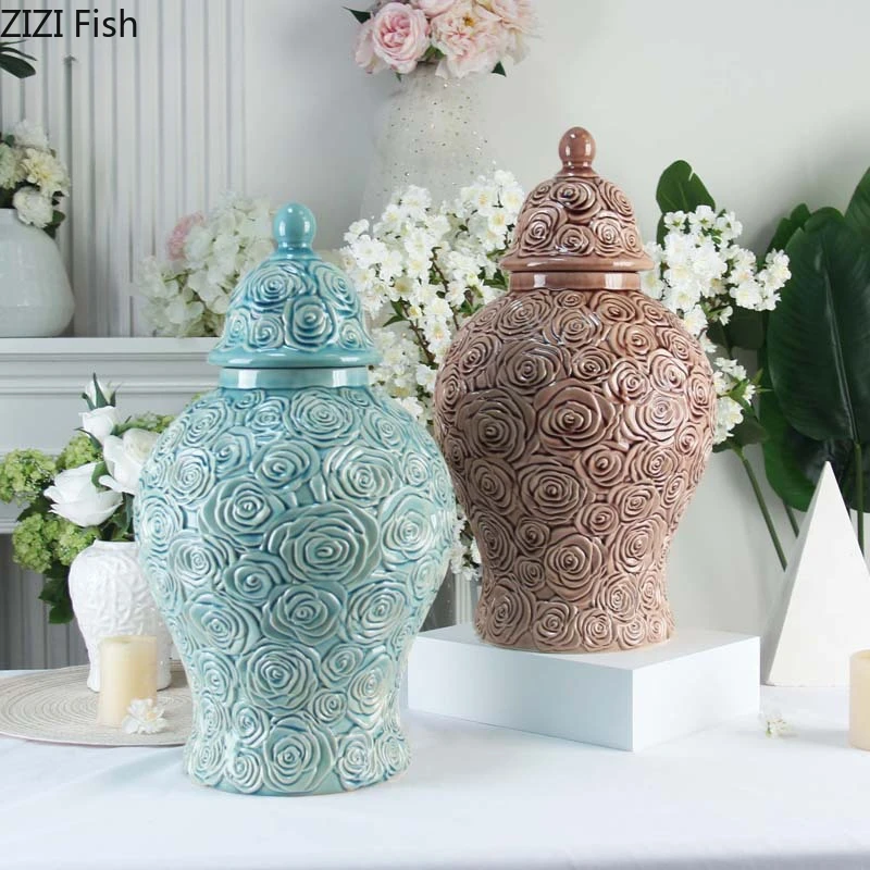 Flower Ceramics Storage Tank Storage Bottle Ornaments Decorative Jar Dried Flower Vase Storages Jar Desktop Organizer Crafts