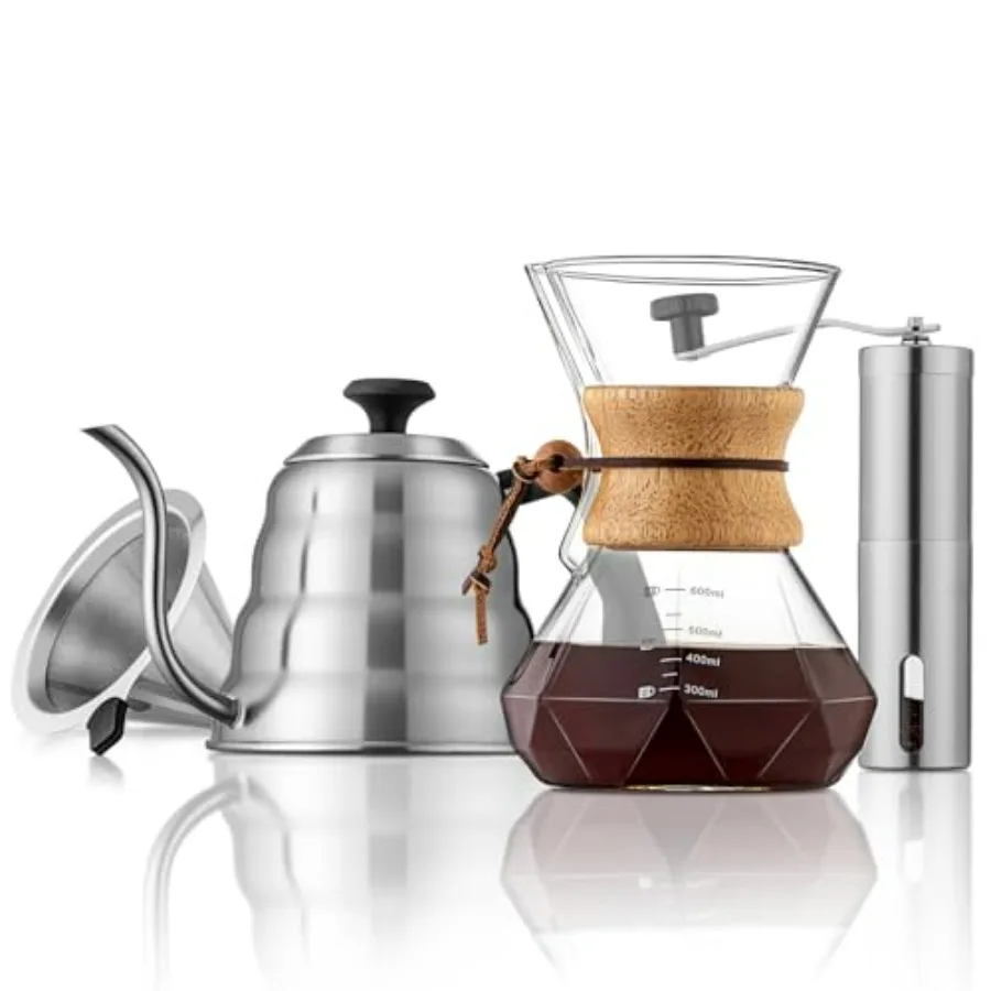 

Pour Over Coffee Maker Set 40oz Gooseneck Kettle with Thermometer Stainless Steel Coffee Grinder 20oz Drip Coffee Maker Black