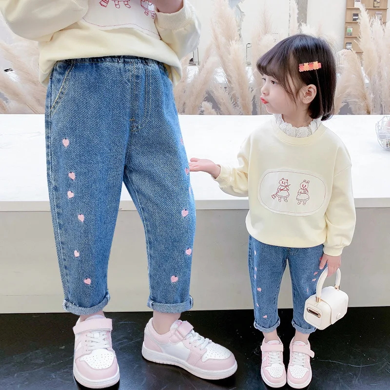 Spring Autumn Baby Denim Pants For Girls Heart Embroidery Elastic Waist Kid Girls Trousers Stretch Exterior Children Girls Pants