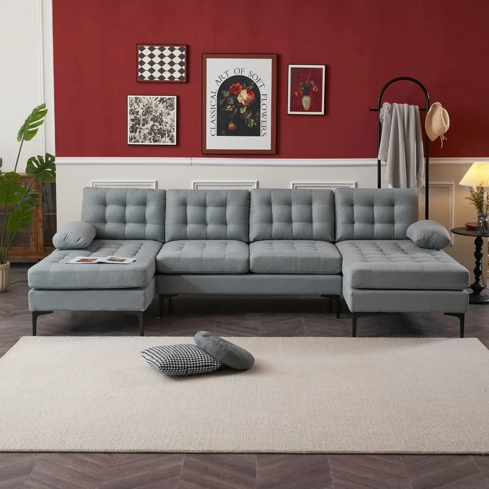 

U-shaped, Backrest Seat Pull Point Wooden Frame Iron Frame Black Feet Indoor Sectional Sofa Light Gray, Living Room Sofas