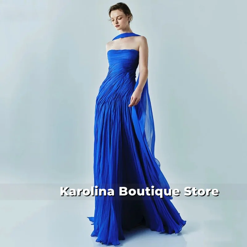 

Royal Blue Evening Dress Elegant Strapless A Line Prom Dress Flowing Hand-pleated Silk Prom Party Dress Customized