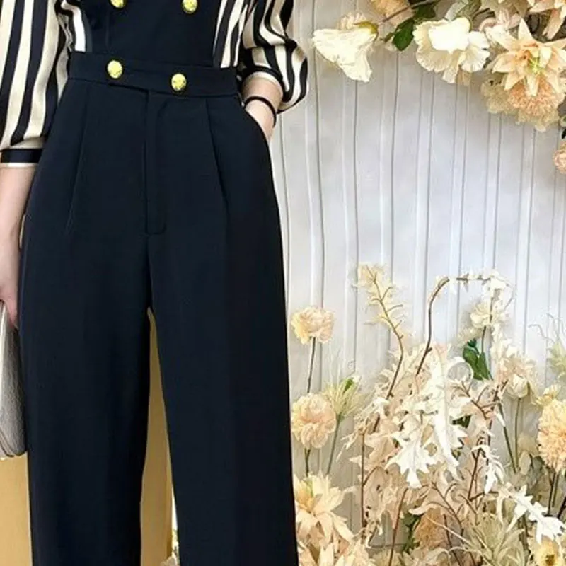 Spring Elegant Fashion Harajuku Slim Fit Female Clothes Loose Casual All Match High Waist Jumpsuit Stripe Straight Leg Pants