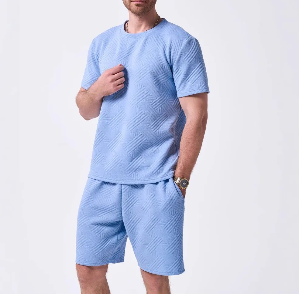 

Summer men's new knitted jacquard solid color round-neck short-sleeved top casual T-shirt men's casual shorts set 2-piece set