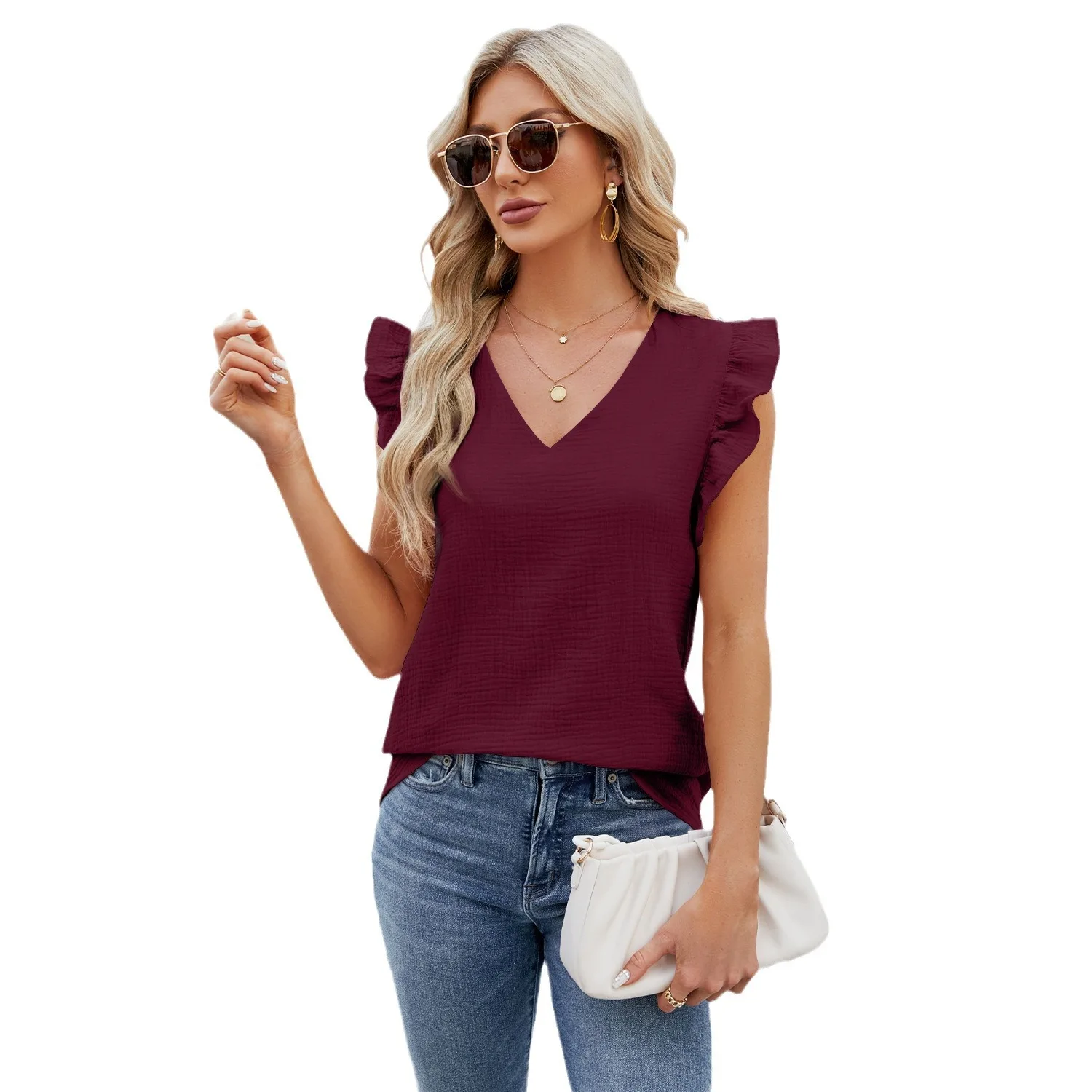 Europe and the United States new spring and summer solid color cotton feeling V-neck wooden ear edge short-sleeved women\'s tops