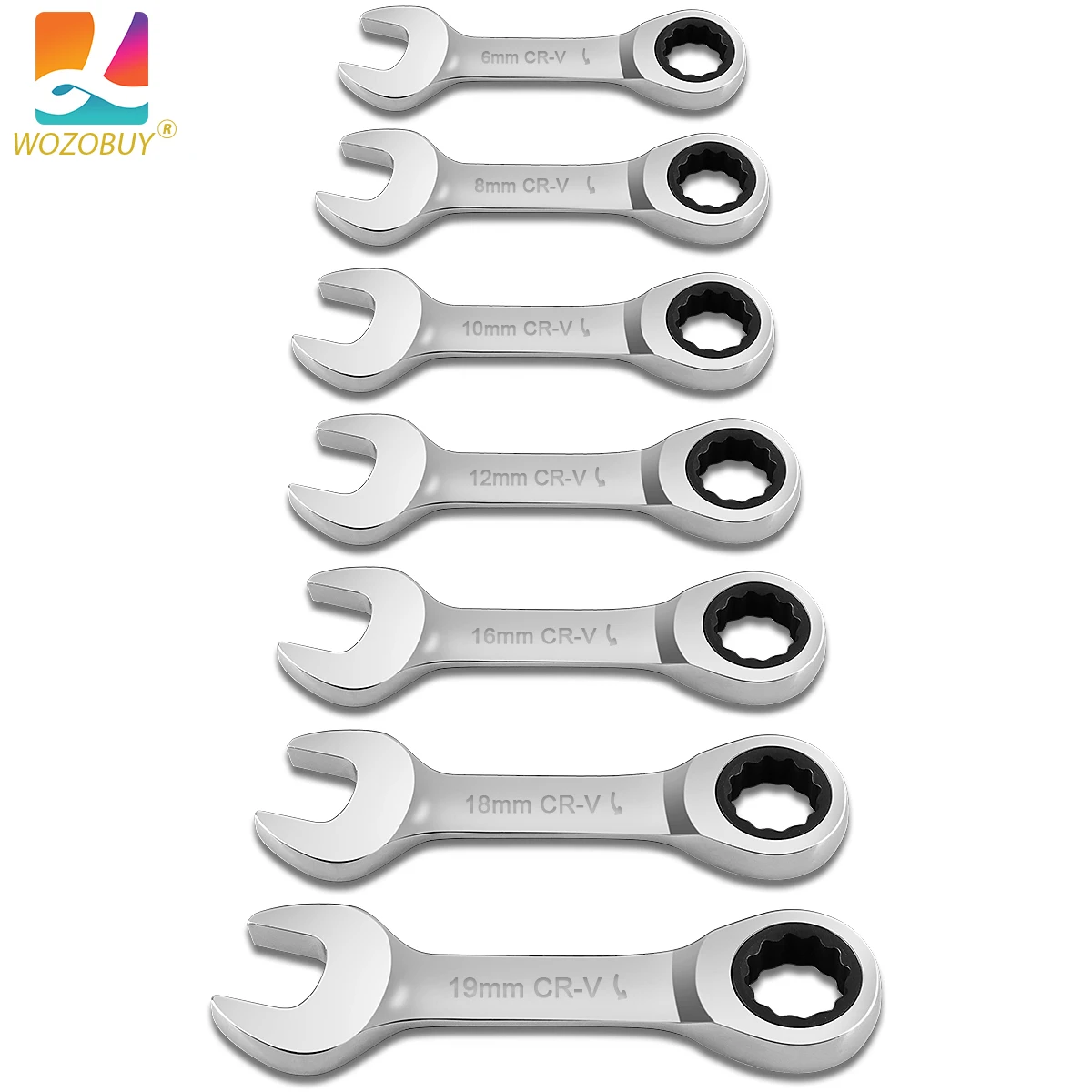 WOZOBUY 12 Point Stubby Ratcheting Metric Combination Wrench Set，6-19mm CR-V Steel