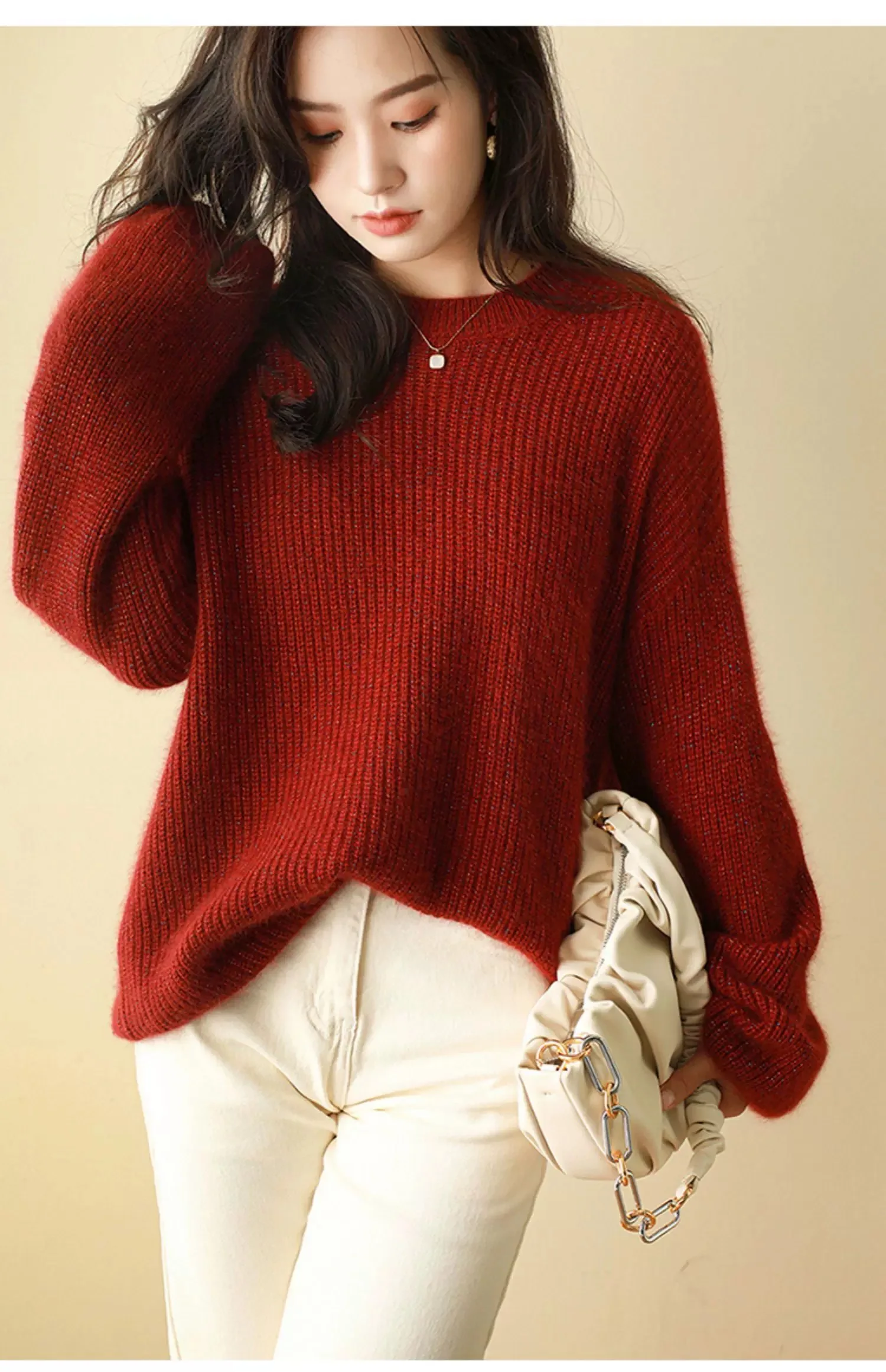 New Chic Women O-neck Wool Sweater Long Sleeve Pullover Spring Autumn Casual Loose Style 100% Merino Wool Knitwear Korean Tops